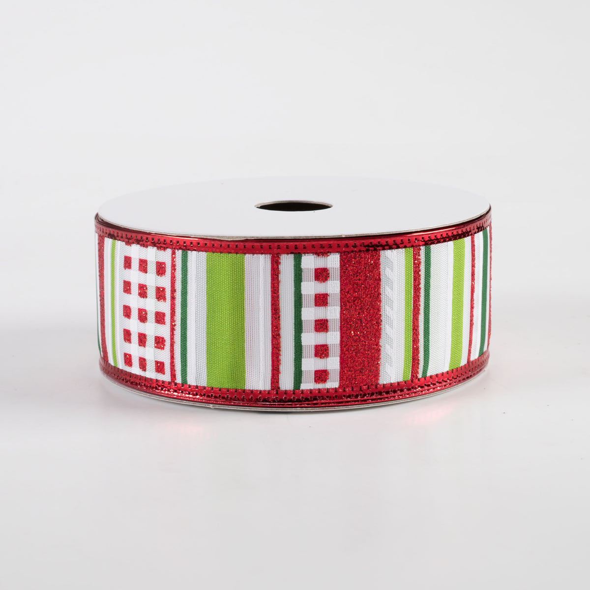 1.5" Satin Glitter Stripe Metallic Edge Ribbon: Green, Lime, Red (10 Yards) Item Number: 76302-09-09
