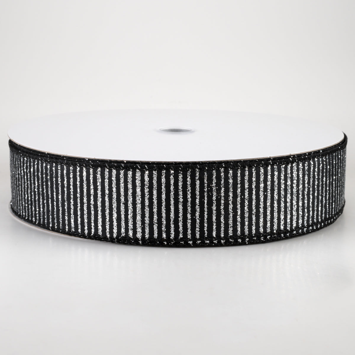 1.5" Satin Horizontal Glitter Stripe Ribbon: Silver on Black (50 Yards)