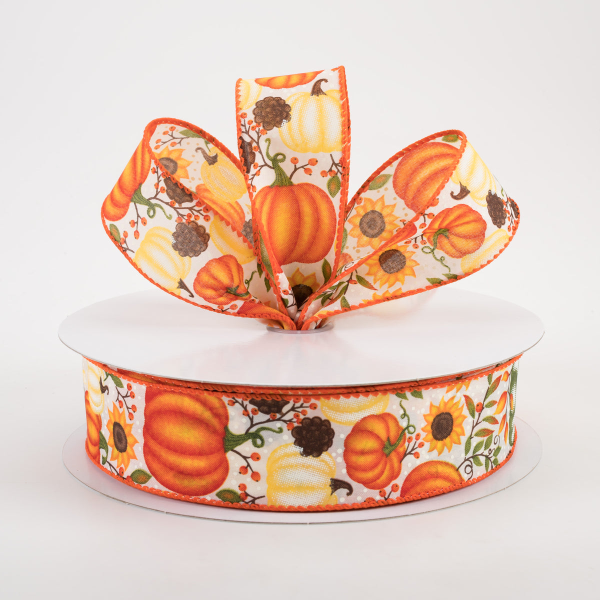 1.5" Satin Pumpkins & Sunflowers Ribbon: Cream (50 Yards) Lifestyle Photo