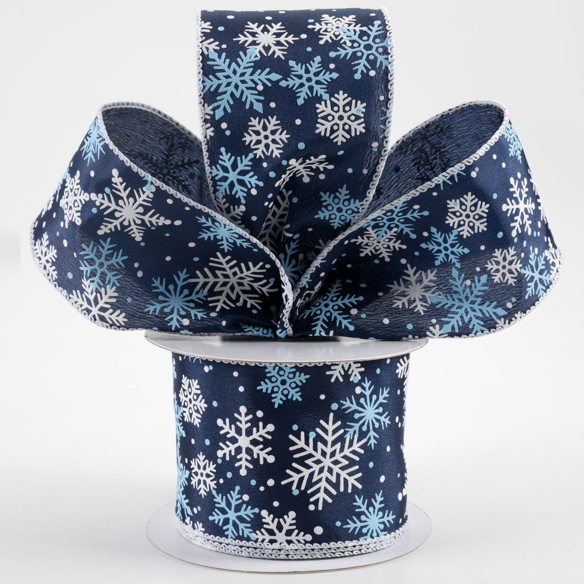 2.5" Satin Snowflakes Dots Ribbon: Navy & Light Blue (10 Yards) Lifestyle Photo
