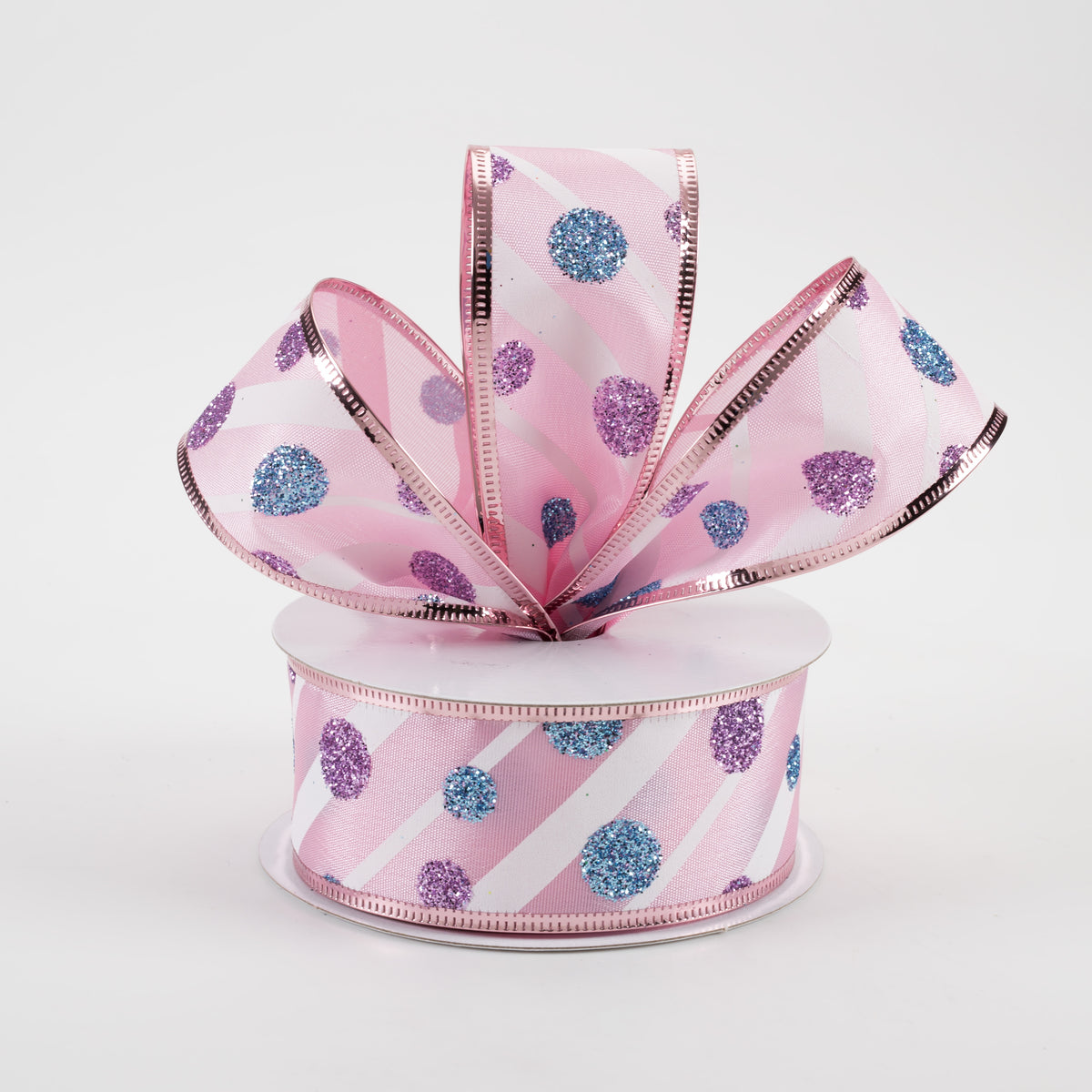 1.5" Satin Stripes and Glitter Dots Ribbon: Pink, White, Blue, Lavender (10 Yards) Lifestyle Photo