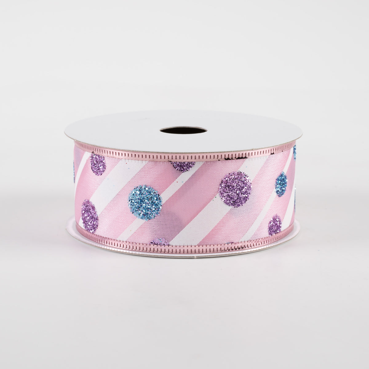1.5" Satin Stripes and Glitter Dots Ribbon: Pink, White, Blue, Lavender (10 Yards) Item Number: 75220-09-03