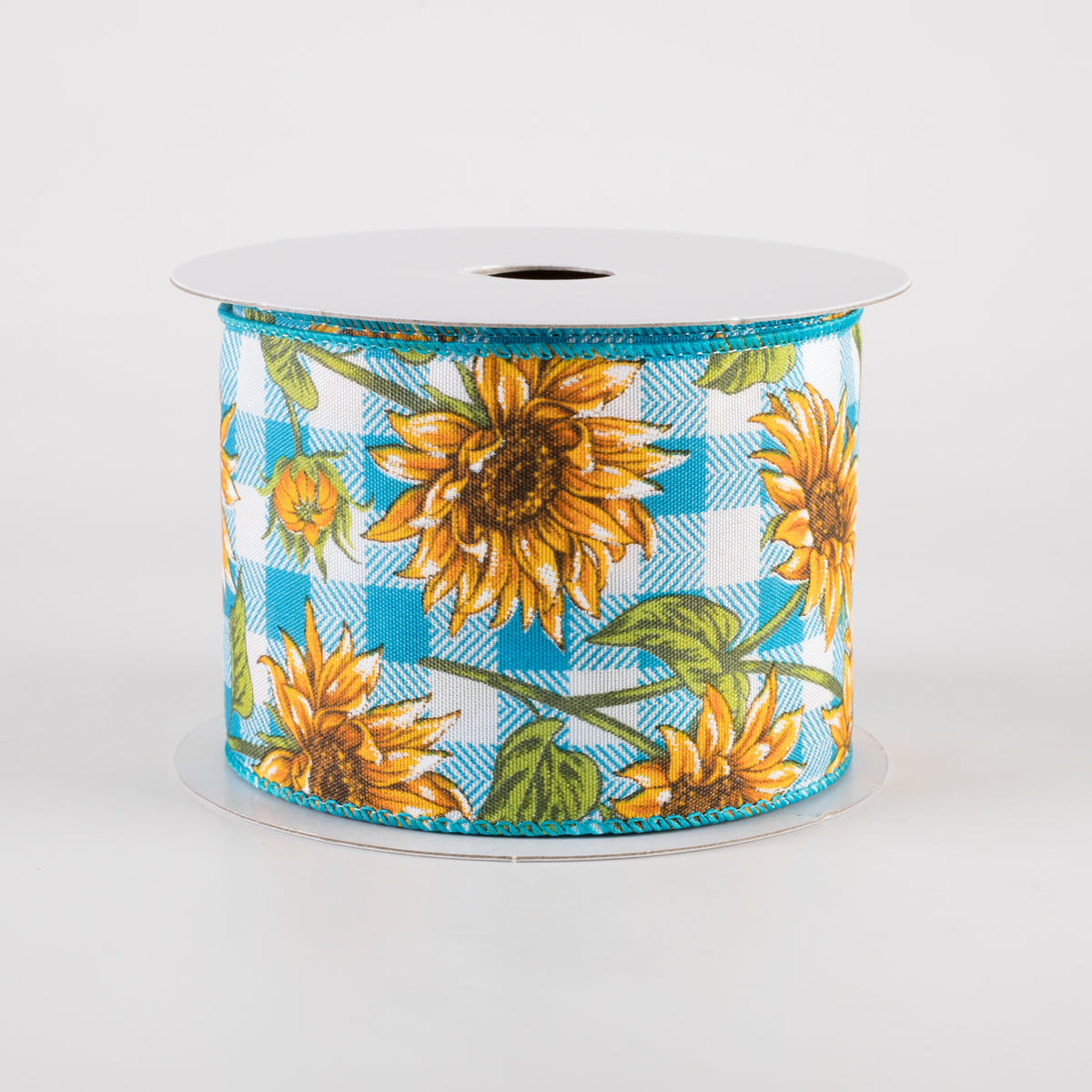 2.5" Satin Wild Sunflowers Check Ribbon: Teal & White (10 Yards) Item Number: 42445-40-33