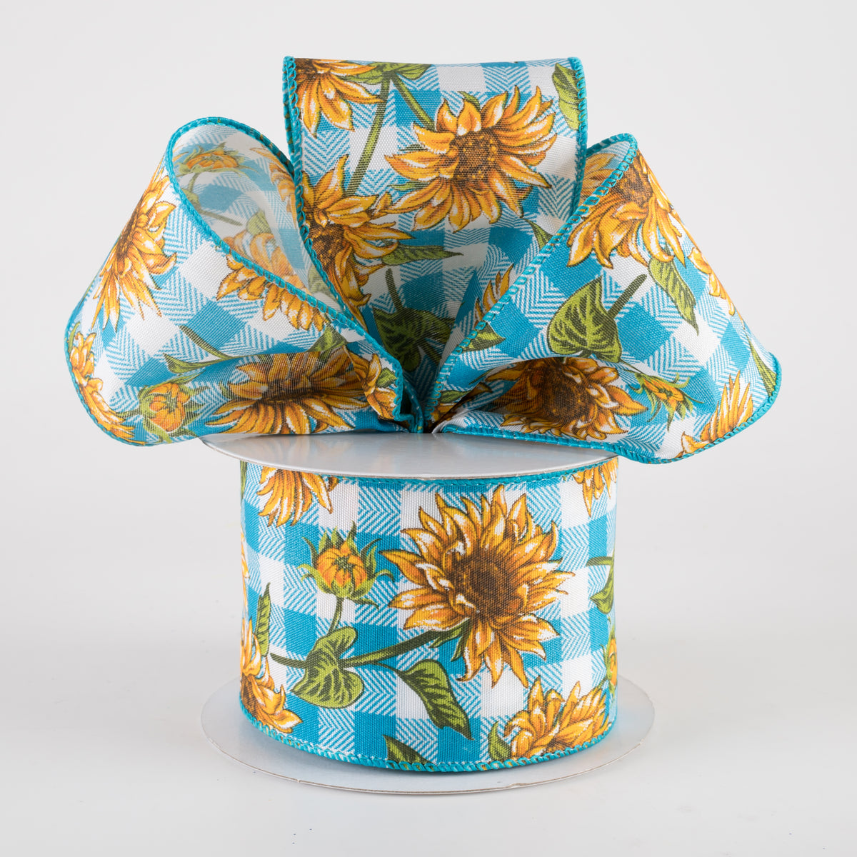 2.5" Satin Wild Sunflowers Check Ribbon: Teal & White (10 Yards) Lifestyle Photo