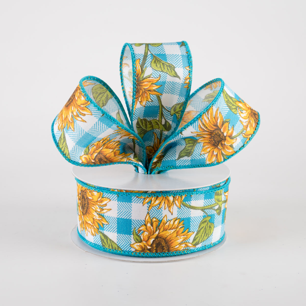 1.5" Satin Wild Sunflowers Check Ribbon: Teal & White (10 Yards) Lifestyle Photo