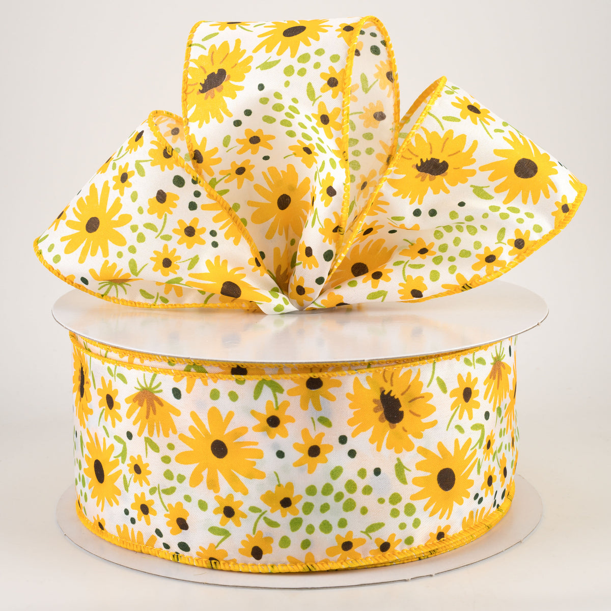 2.5" Satin Yellow Wildflowers Ribbon: White (50 Yards) Lifestyle Photo