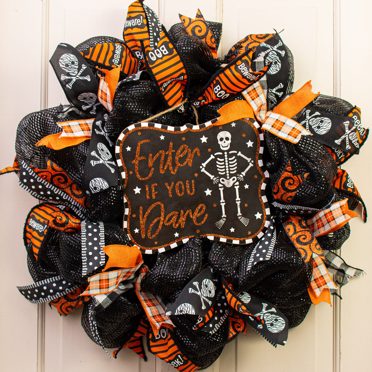 10" Scalloped Wooden Sign: Enter If You Dare Skeleton Lifestyle Photo