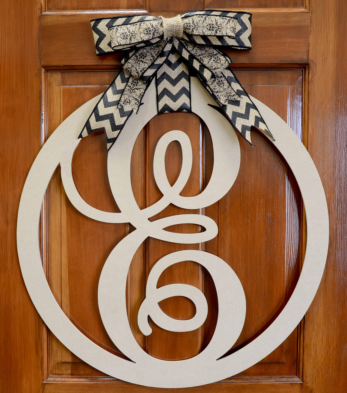 23" Script Circle Monogram Wooden Letter: E Lifestyle Photo
