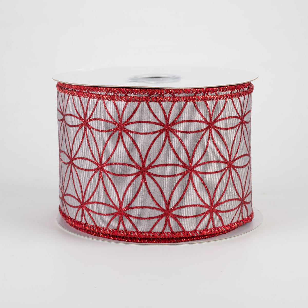 2.5" Seamless Stars Dupioni Ribbon: Silver Grey & Red (10 Yards)