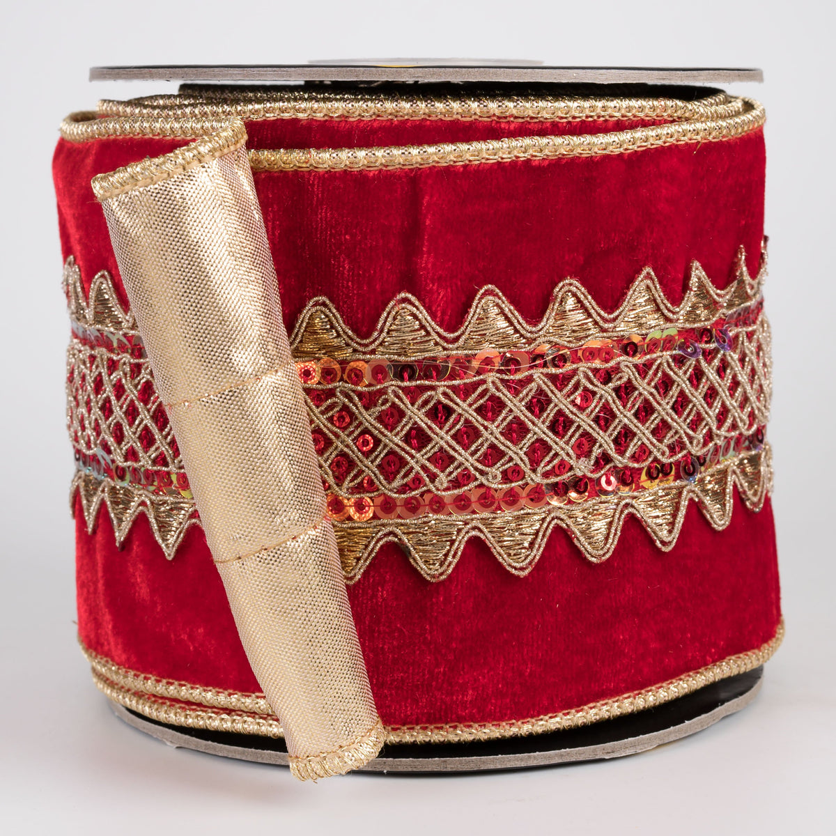 4" Sequin Center Trim Sheldon Velvet & Metallic Dupioni Fused Ribbon: Christmas Red & Gold (5 Yards) Item Number: RR0024