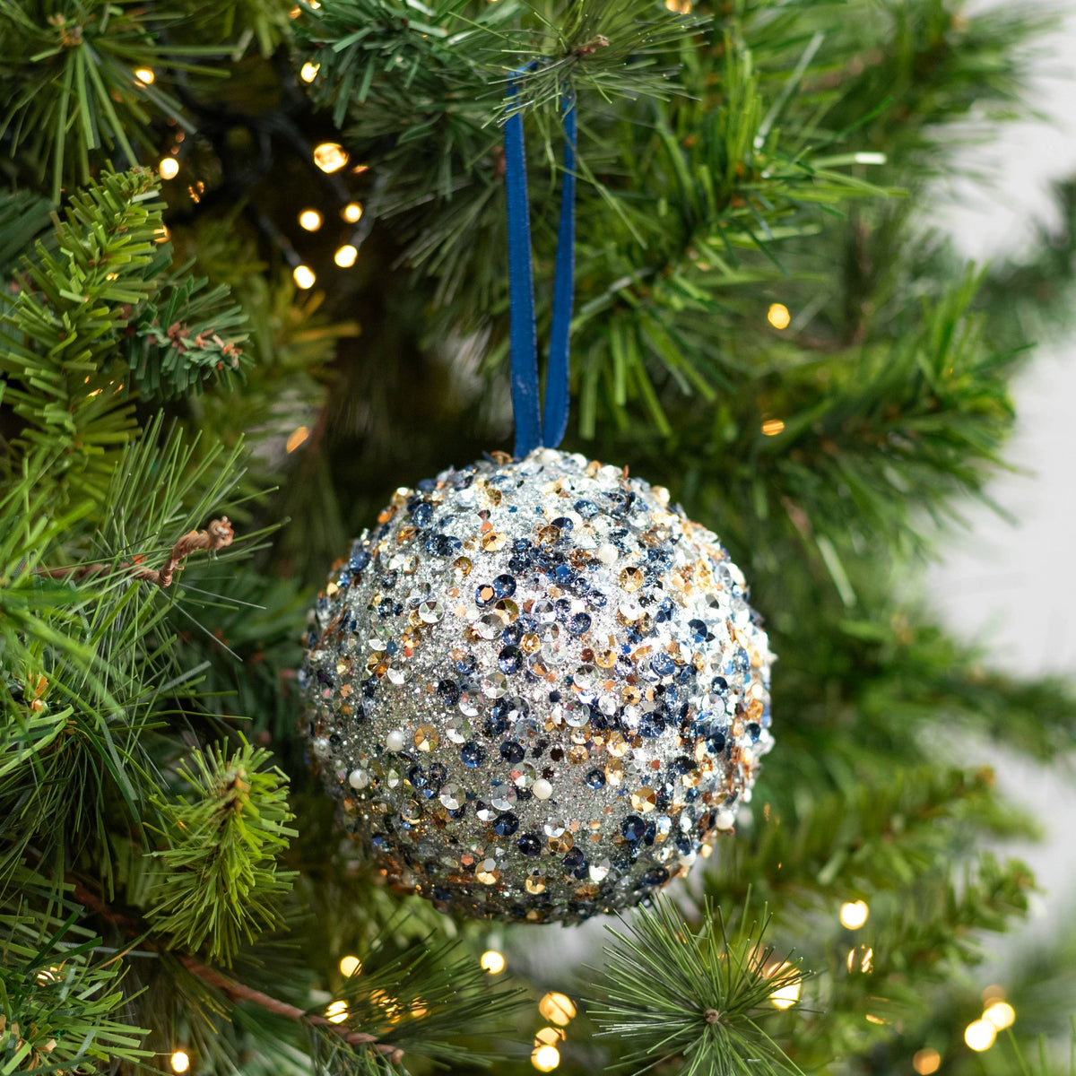 4" Sequin Glitter Ball Ornaments: Blue & Champagne (Box of 4) Lifestyle Photo