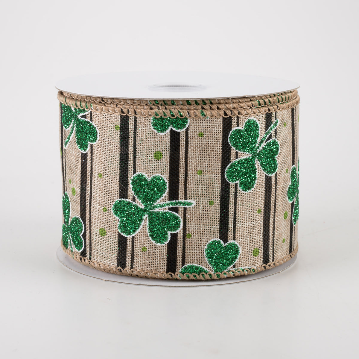 2.5" Shamrocks & Stripes Ribbon: Natural & Black (10 Yards) Item Number: 21212-40-15