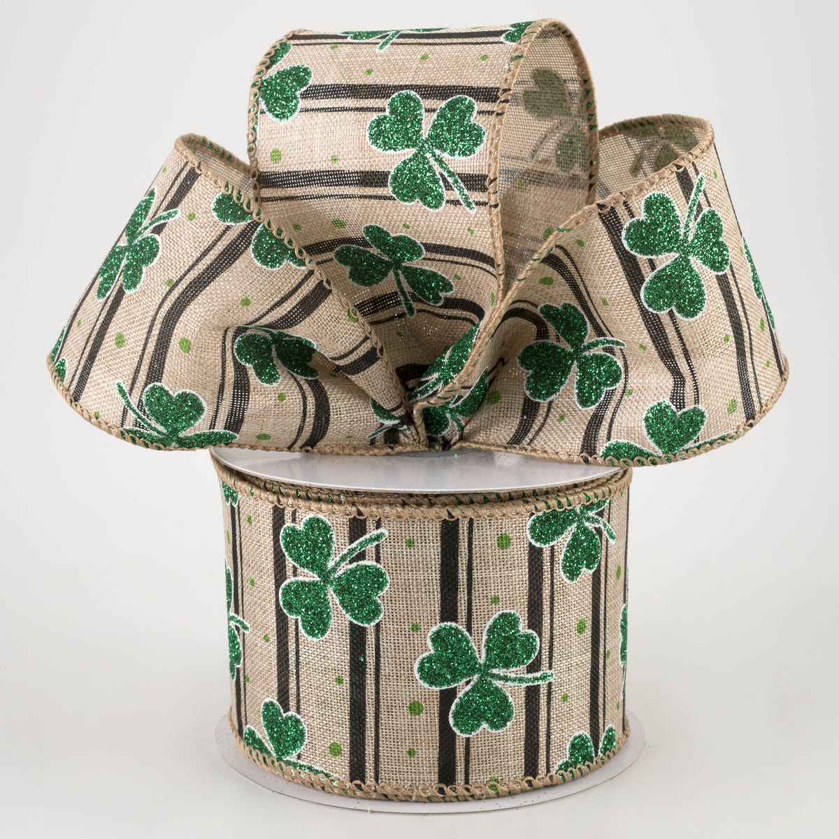 2.5" Shamrocks & Stripes Ribbon: Natural & Black (10 Yards) Lifestyle Photo