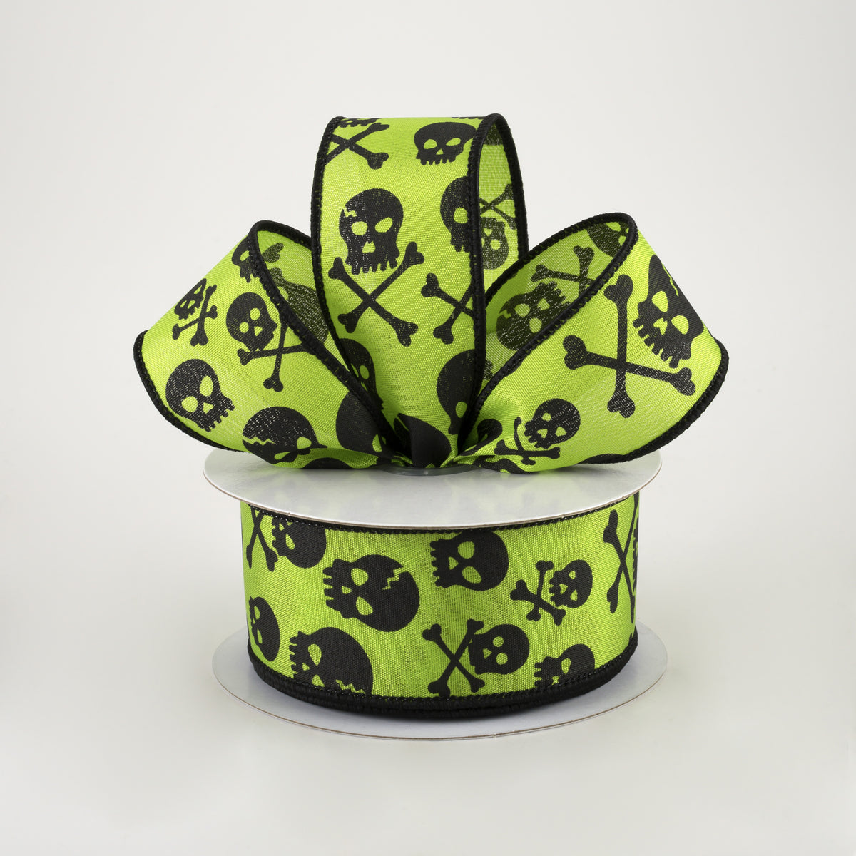1.5" Skull and Crossbones Ribbon: Lime & Black (10 Yards) Lifestyle Photo