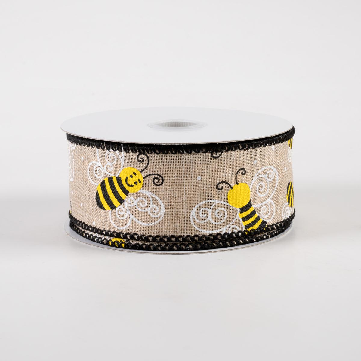 1.5" Smiling Bumble Bee Linen Ribbon: Natural (10 Yards)