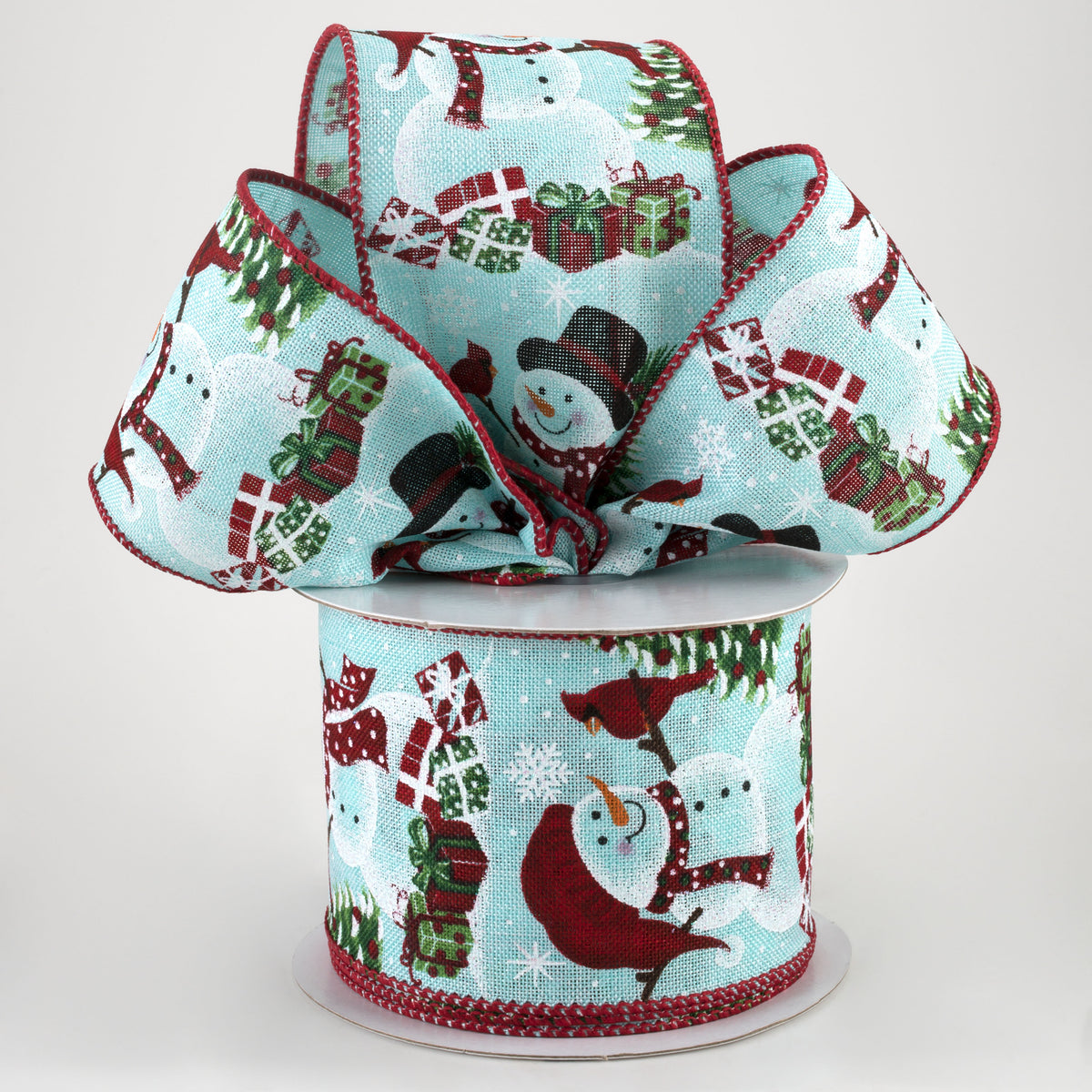 2.5" Snowmen, Cardinals, Presents Ribbon: Ice Blue (10 Yards) Lifestyle Photo