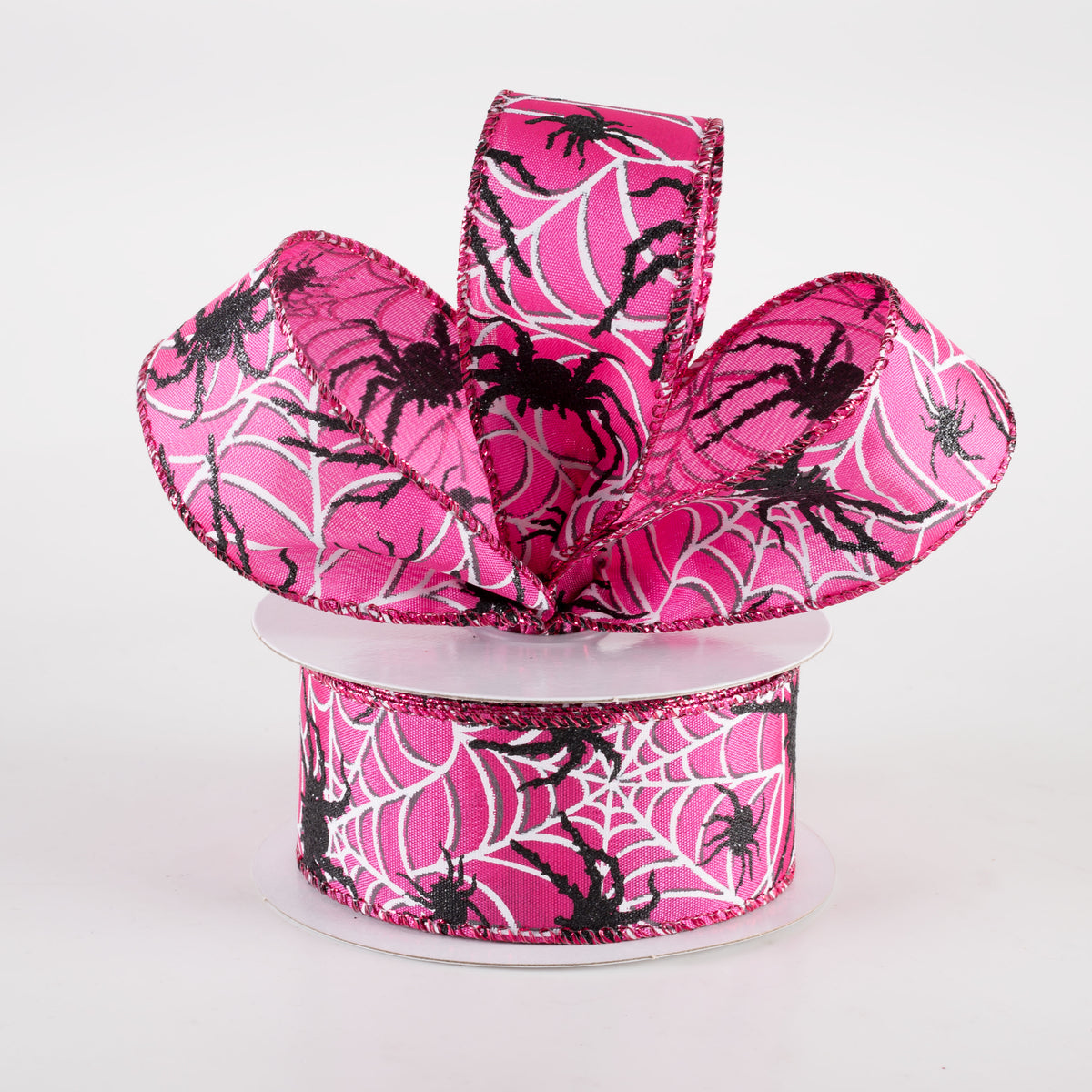 1.5" Spider & White Spiderwebs Ribbon: Fuchsia Pink (10 Yards) Lifestyle Photo
