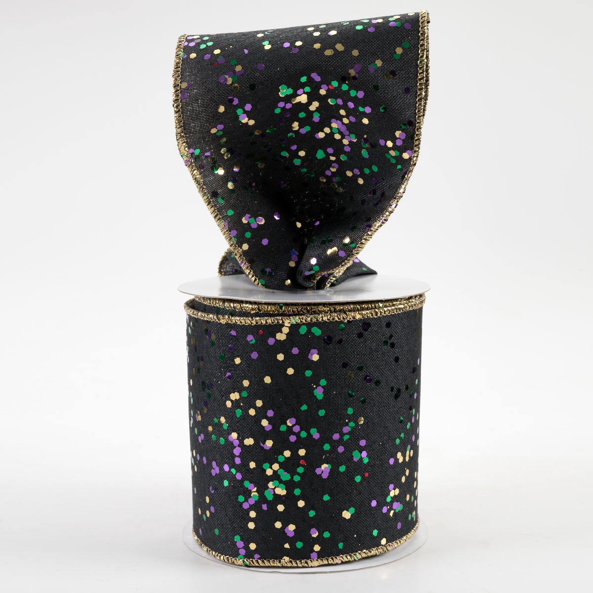 4" Sprinkled Hex Glitter Ribbon: Mardi Gras on Black (10 Yards) Lifestyle Photo