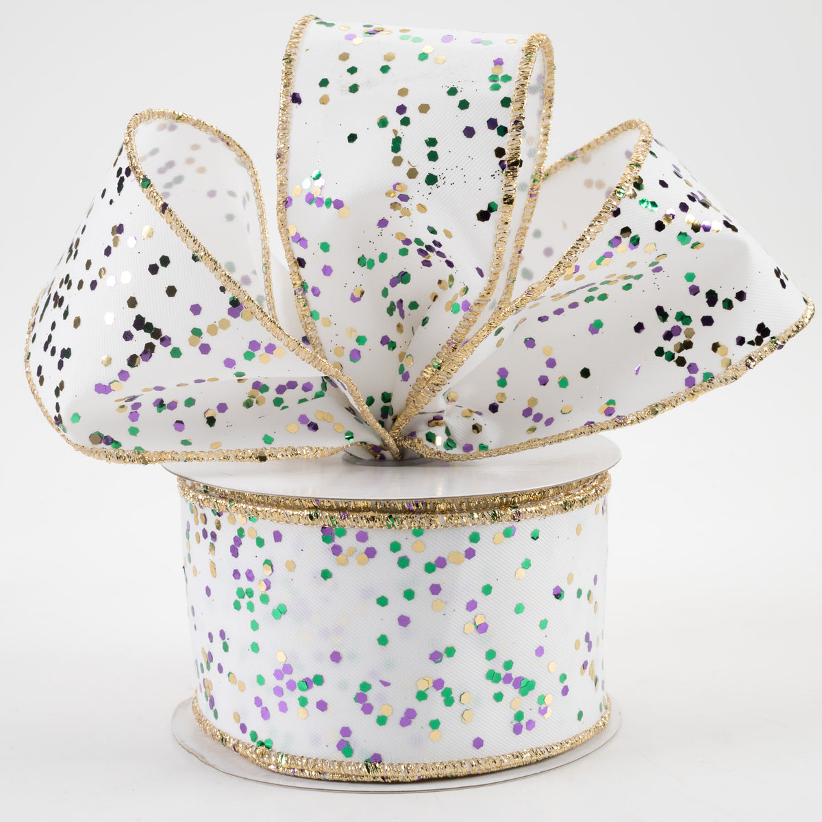 2.5" Sprinkled Hex Glitter Ribbon: Mardi Gras on White (10 Yards) Lifestyle Photo