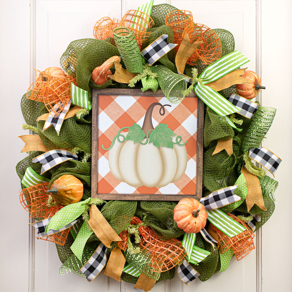 10" Square Short Pumpkin Check Sign: Orange & Cream Lifestyle Photo