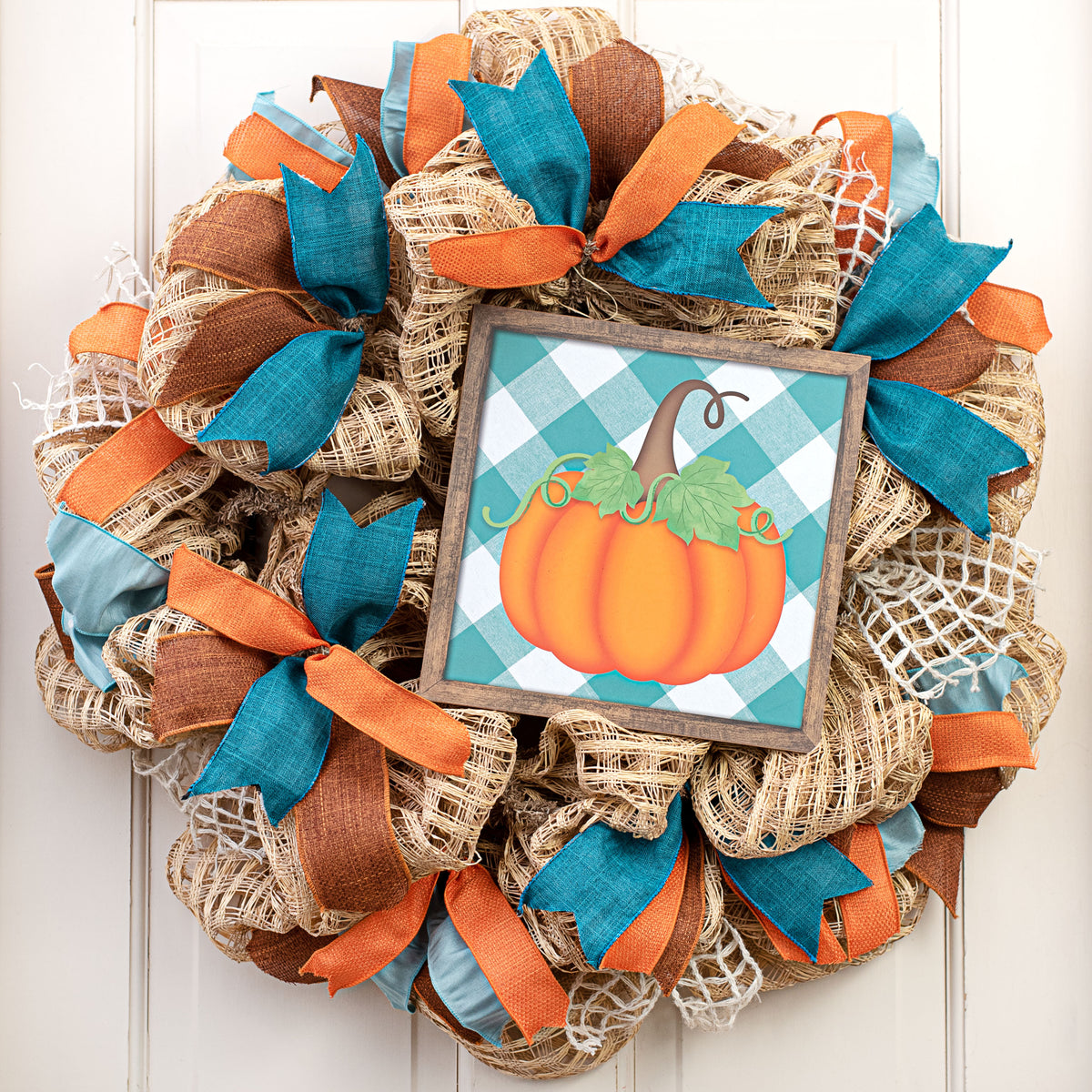 10" Square Short Pumpkin Check Sign: Teal & Orange Lifestyle Photo