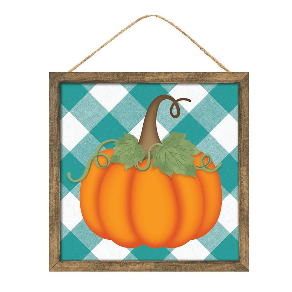 10" Square Short Pumpkin Check Sign: Teal & Orange Item Number: AP714790