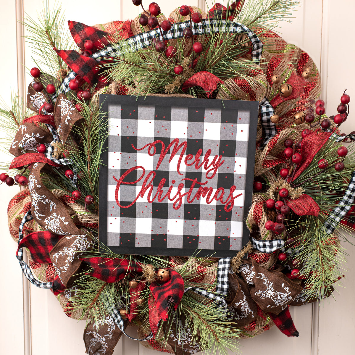 10" Square Wooden Sign: Merry Christmas On Check Lifestyle Photo