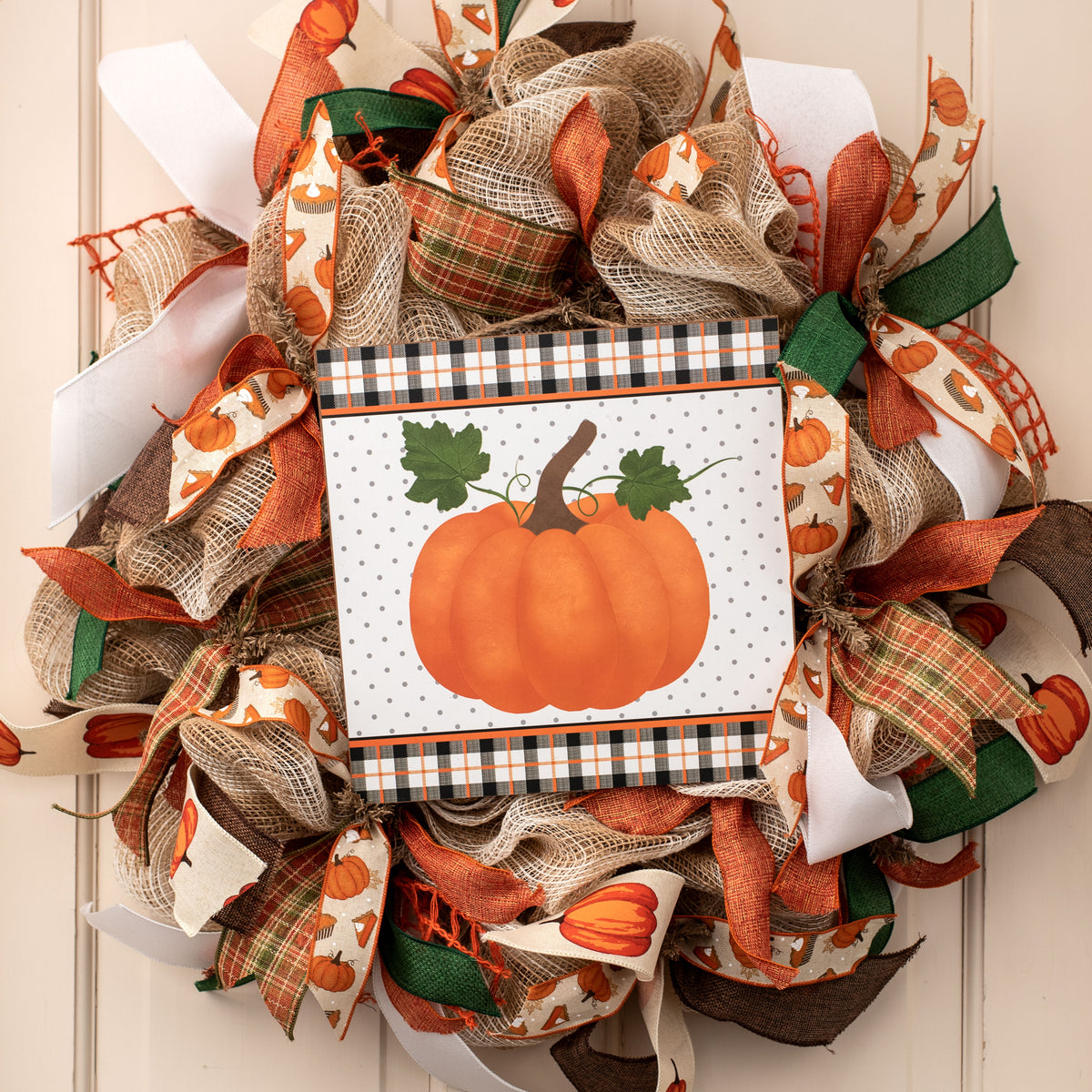 10" Square Wooden Sign: Pumpkin With Plaid Border Lifestyle Photo