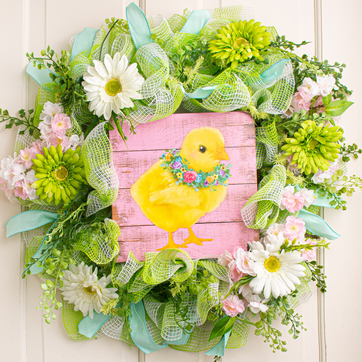 10" Square Wooden Sign: Spring Chick With Floral Wreath Lifestyle Photo