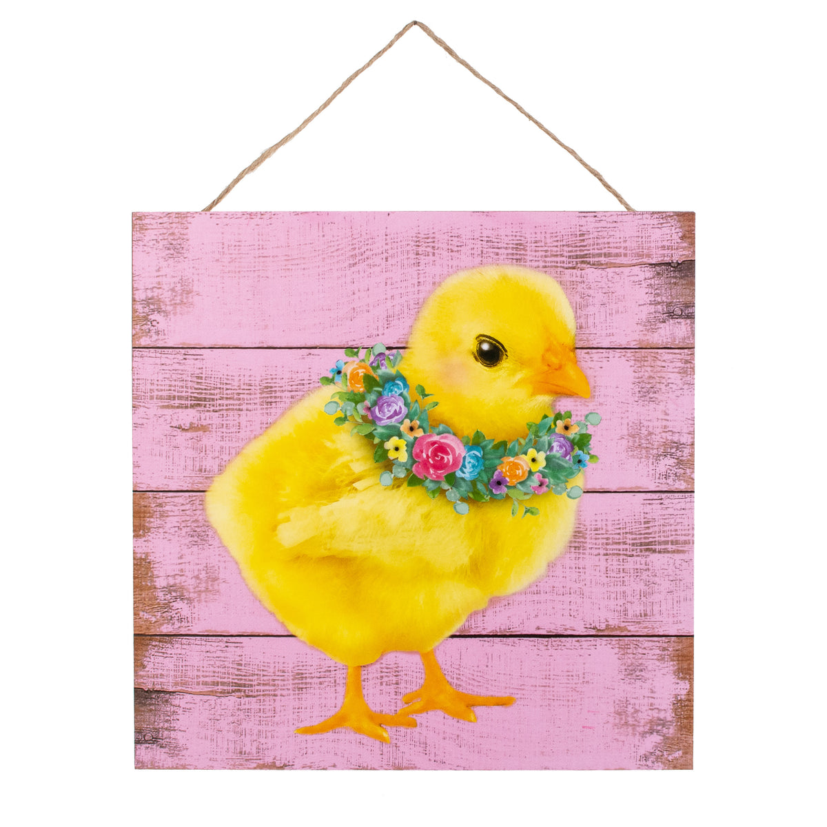 10" Square Wooden Sign: Spring Chick With Floral Wreath Item Number: AP7097