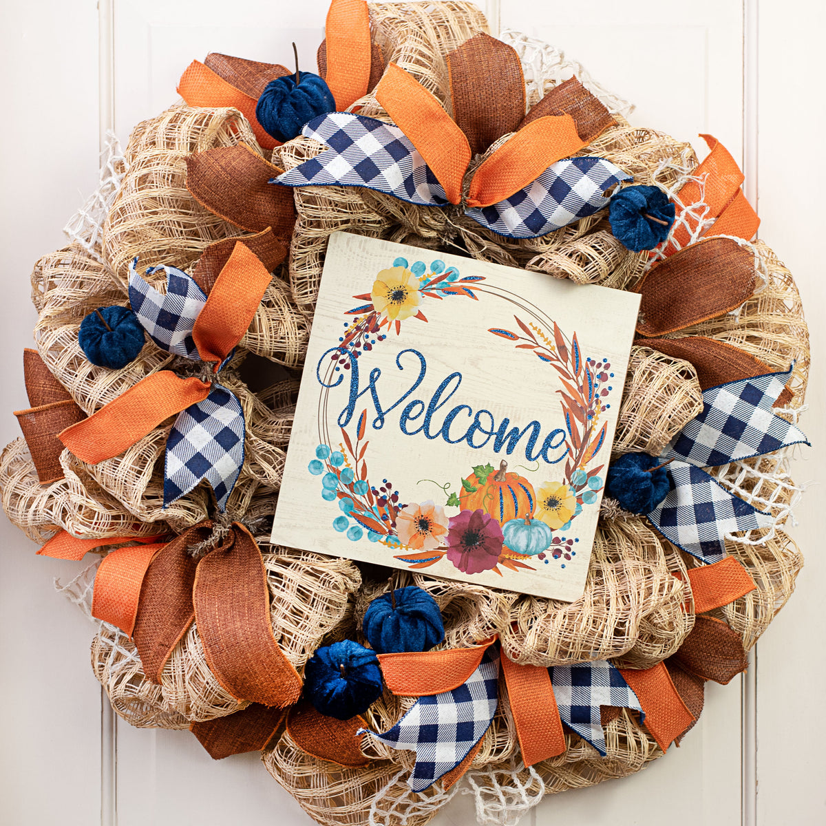 10" Square Wooden Sign: Welcome Pumpkins Glitter, Blue & Orange Lifestyle Photo