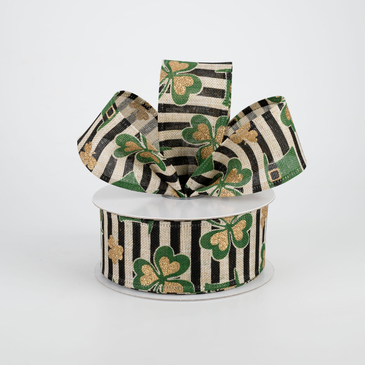 1.5" St. Patrick's Clovers & Hats Stripe Ribbon: Natural (10 Yards) Lifestyle Photo