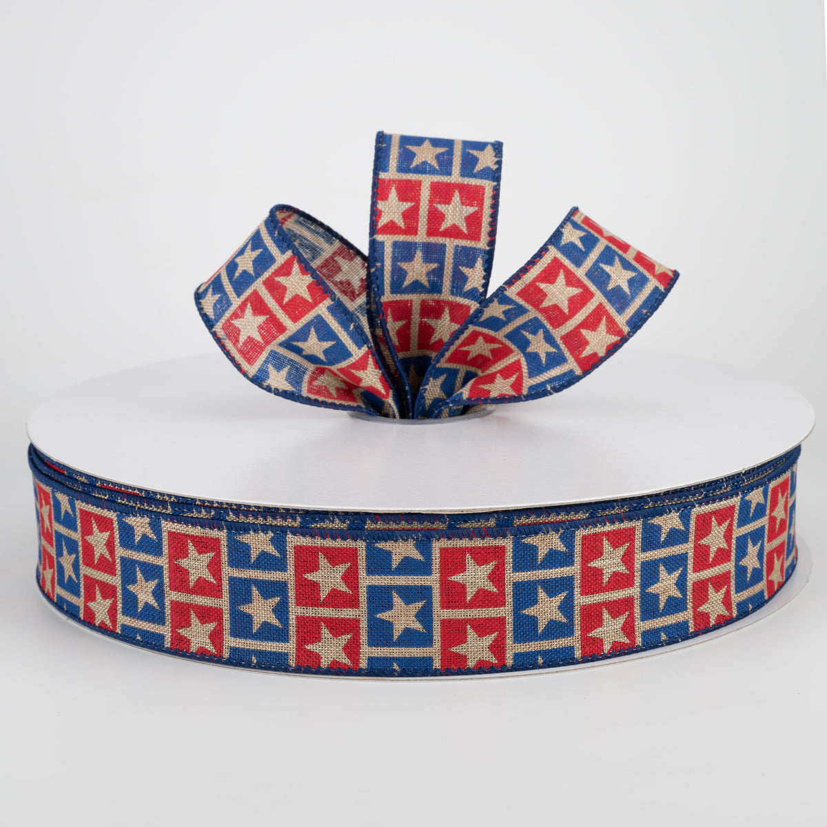 1.5" Star Squares Ribbon: Dark Natural, Red, Blue (50 Yards) Lifestyle Photo
