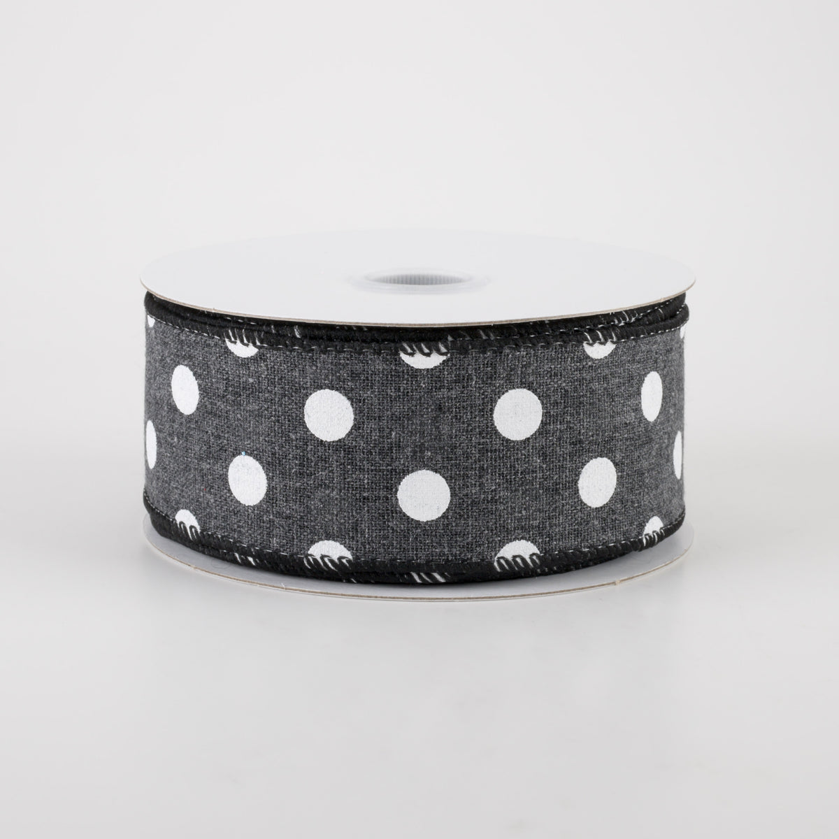 1.5" Stiff Linen Polka Dot Ribbon: Charcoal Black (10 Yards) Item Number: 41243-09-21