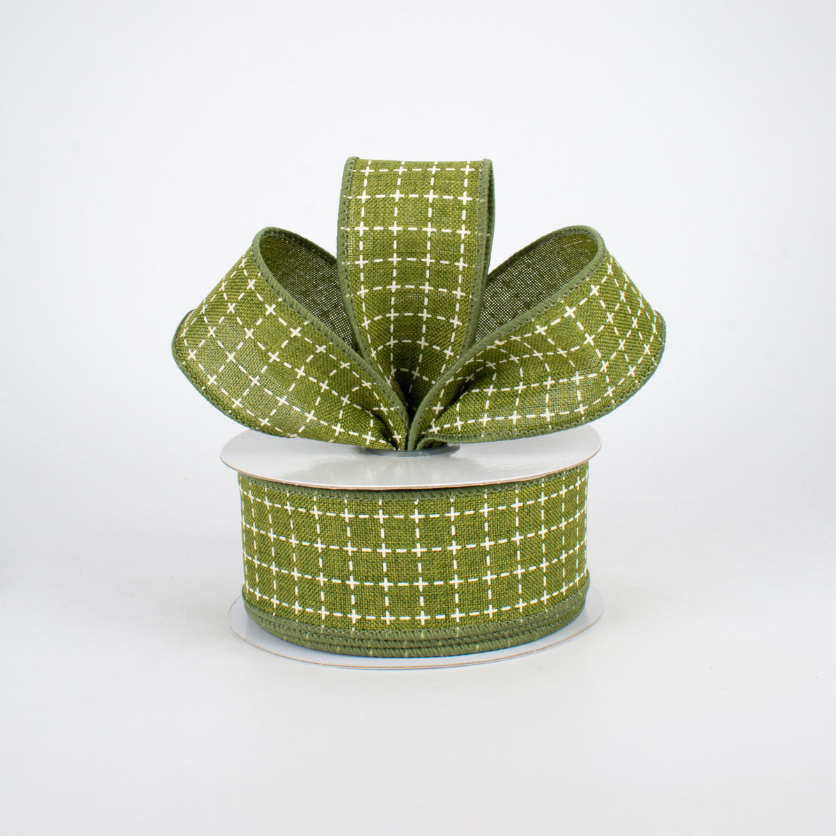 1.5" Stitched Squares Ribbon: Moss Green & Cream (10 Yards) Lifestyle Photo