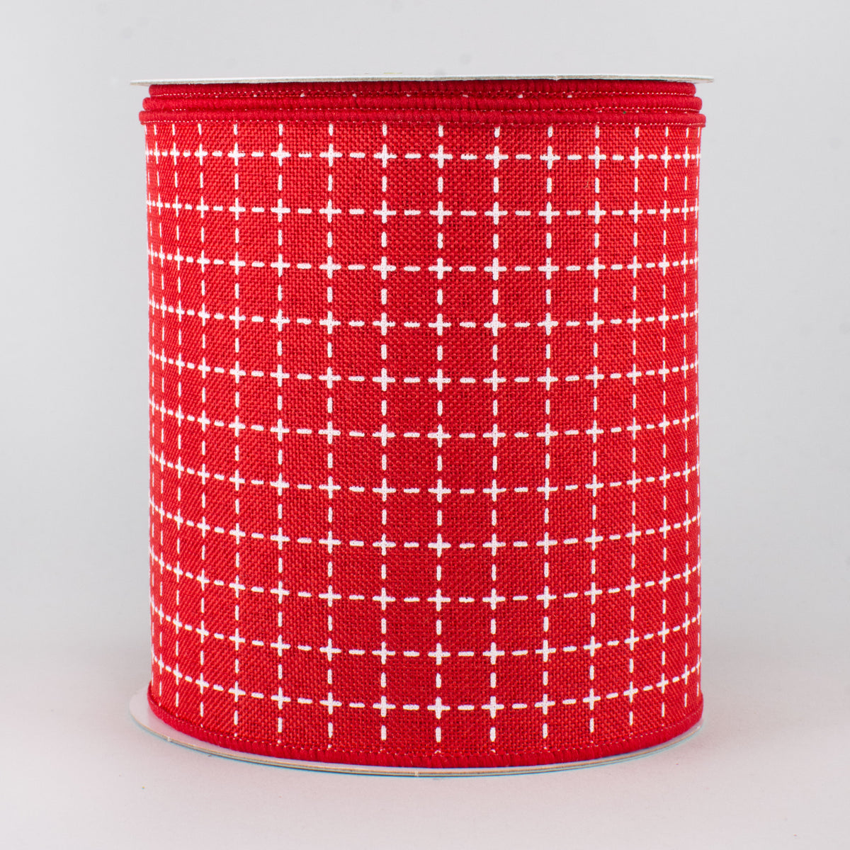 4" Stitched Squares Ribbon: Red & White (10 Yards)