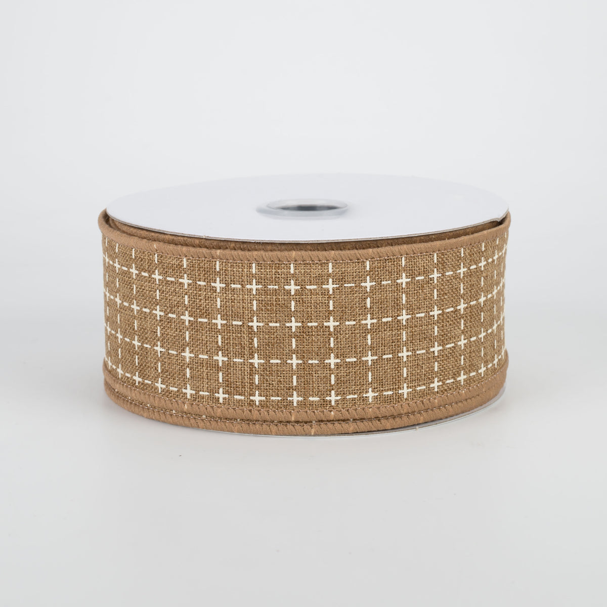 1.5" Stitched Squares Ribbon: Tan & Cream (10 Yards)