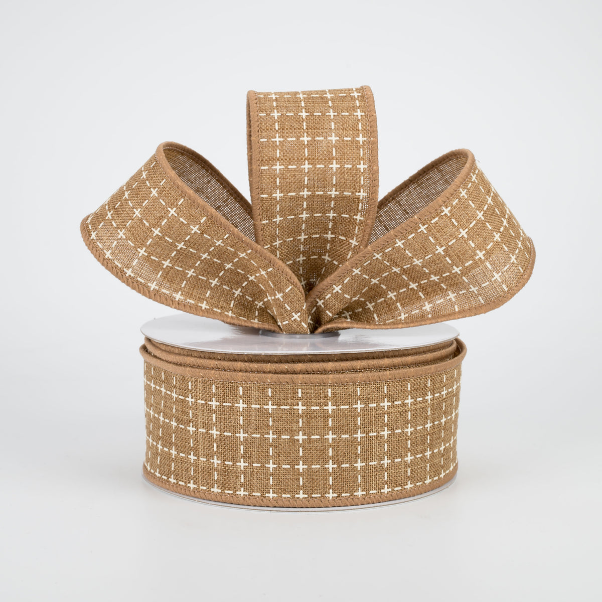 1.5" Stitched Squares Ribbon: Tan & Cream (10 Yards) Lifestyle Photo