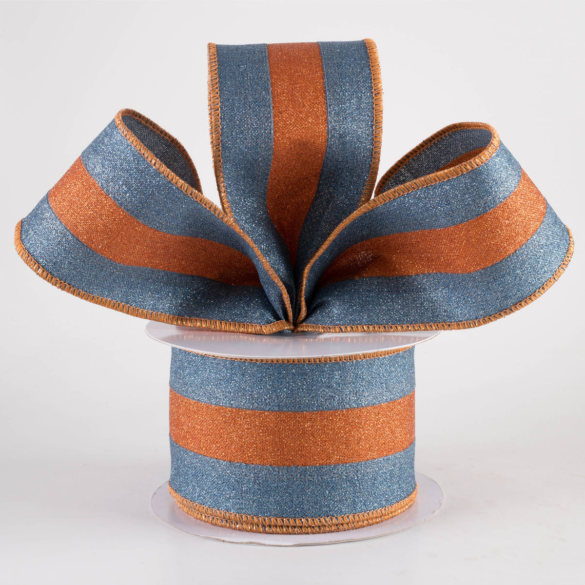 2.5" Stripe Fine Glitter on Royal Ribbon: Smoke Blue & Pumpkin Orange (10 Yards) Lifestyle Photo