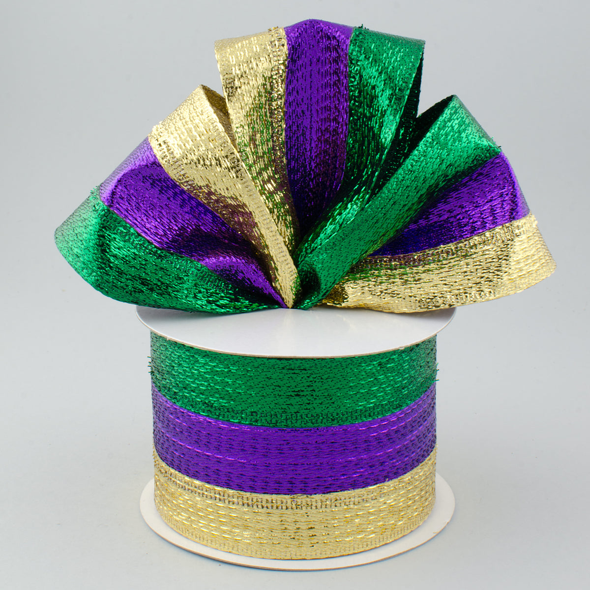 2.5" Stripe Metallic Lamé Ribbon: Purple, Green & Gold (10 Yards) Lifestyle Photo