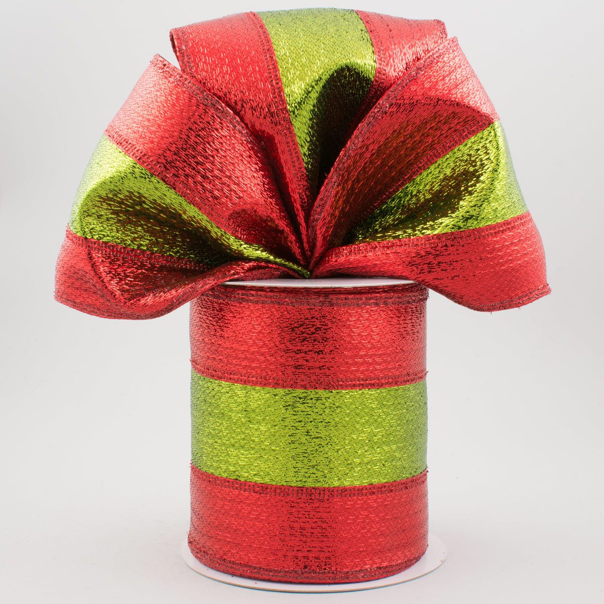 4" Stripe Metallic Lame Ribbon: Red & Lime Green (10 Yards) Lifestyle Photo