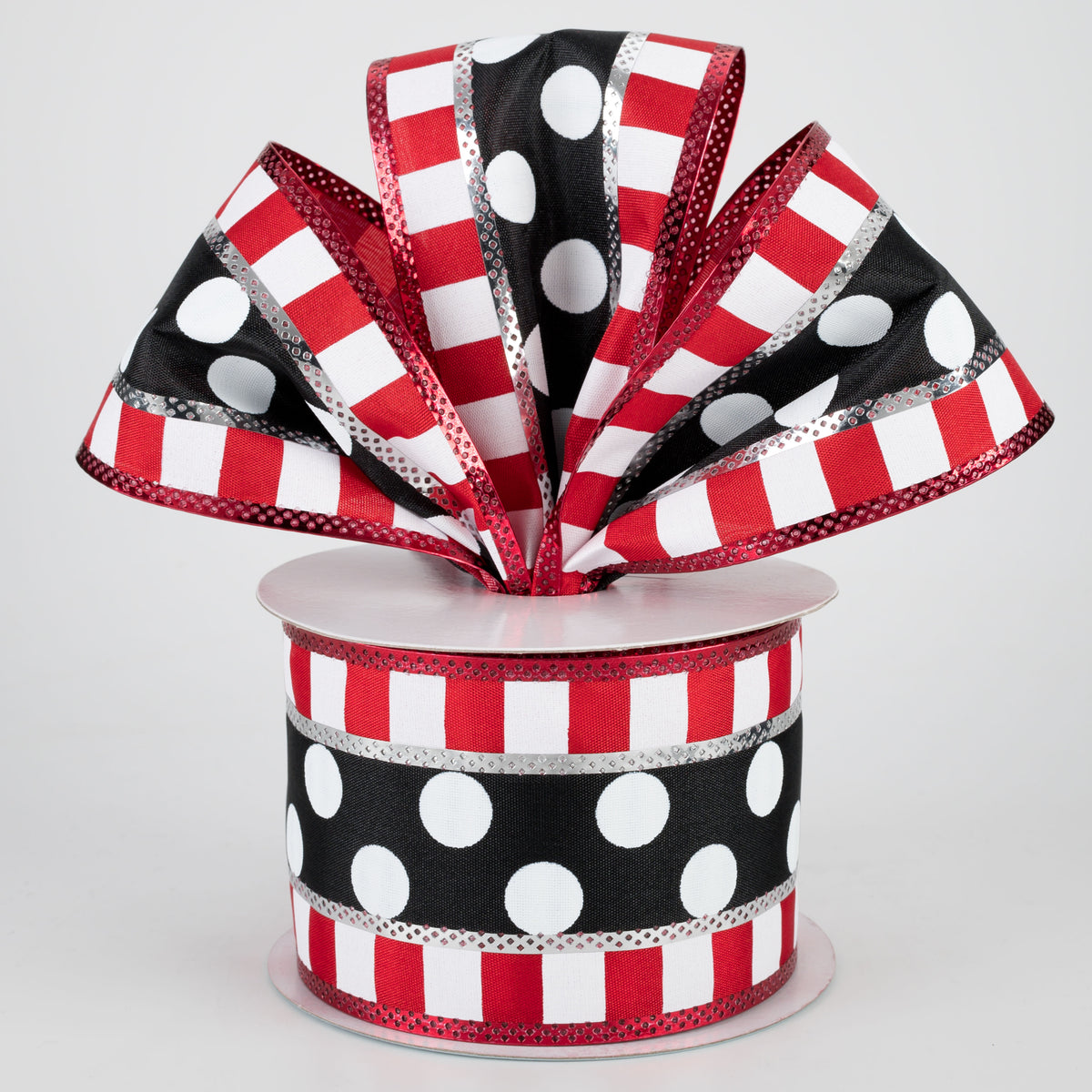 2.5" Striped Edge Polka Dot Ribbon: Black, White, Red, Silver (10 Yards) Lifestyle Photo