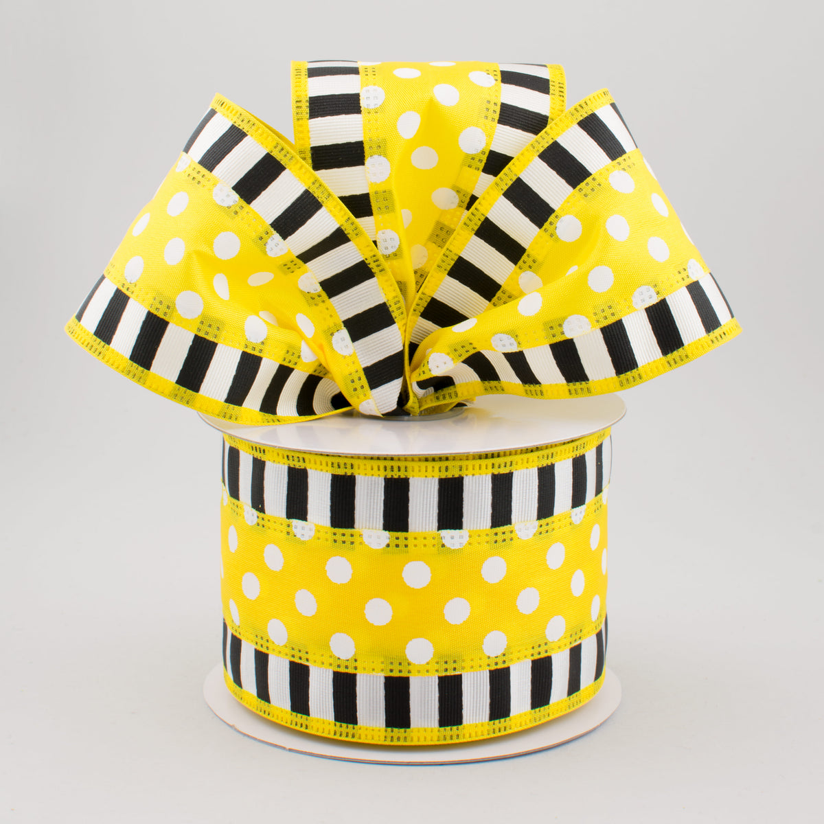 2.5" Striped Edge Polka Dot Ribbon: Yellow, Black & White (10 Yards) Lifestyle Photo