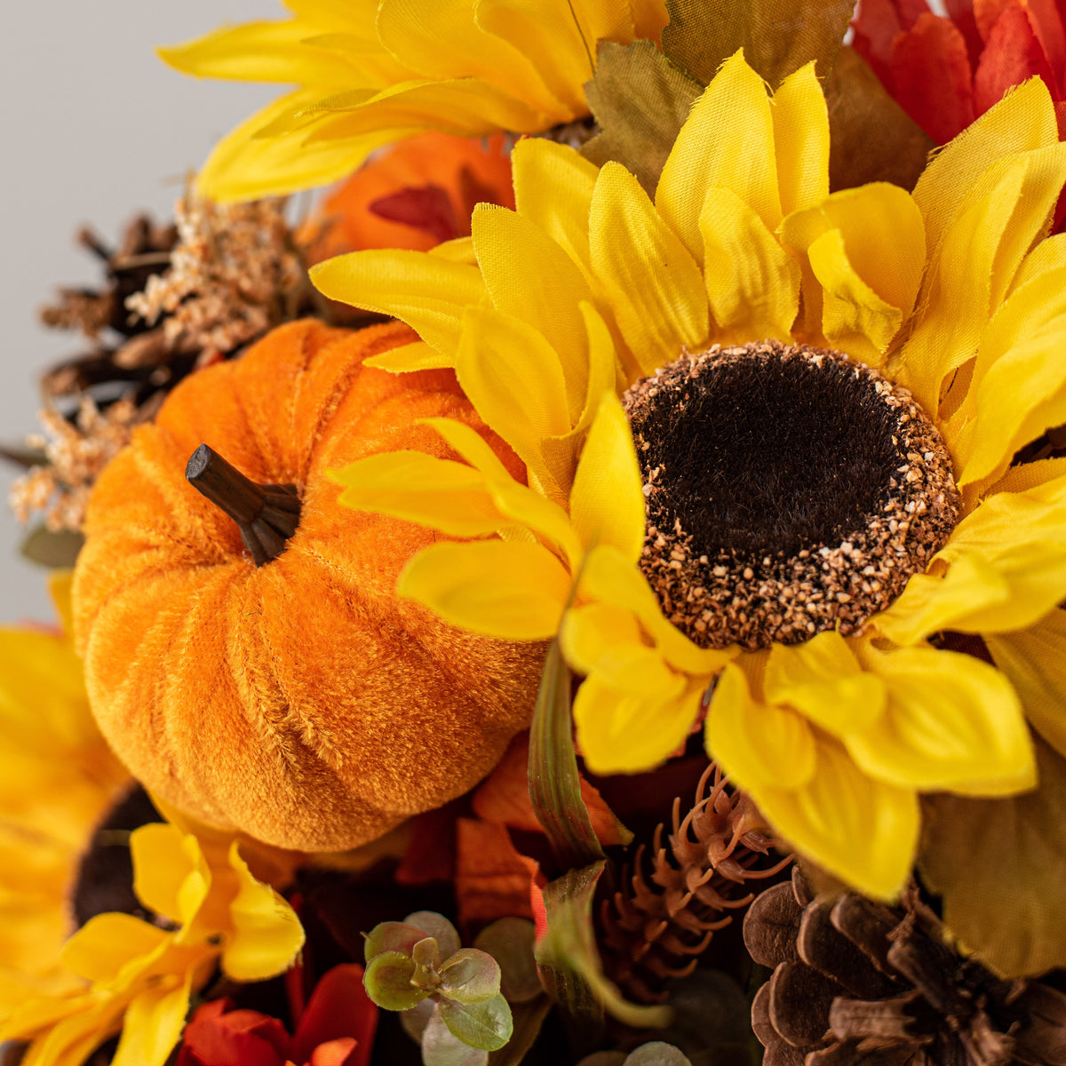 23" Sunflower Ball Mum Pumpkin Pine Bush: Orange-Yellow Lifestyle Photo
