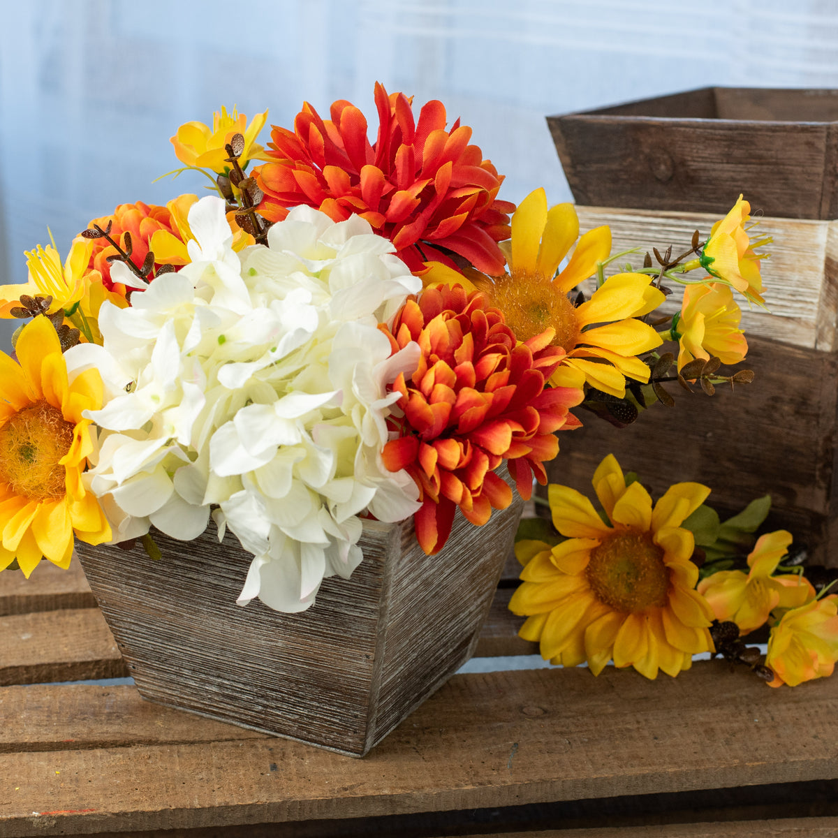 6" Tapered Wooden Planter: Grey Wash Lifestyle Photo