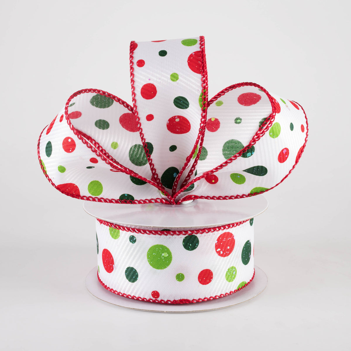 1.5" Thick Textured Satin Iridescent Glitter Dots Ribbon: Red & Green on White (10 Yards) Lifestyle Photo