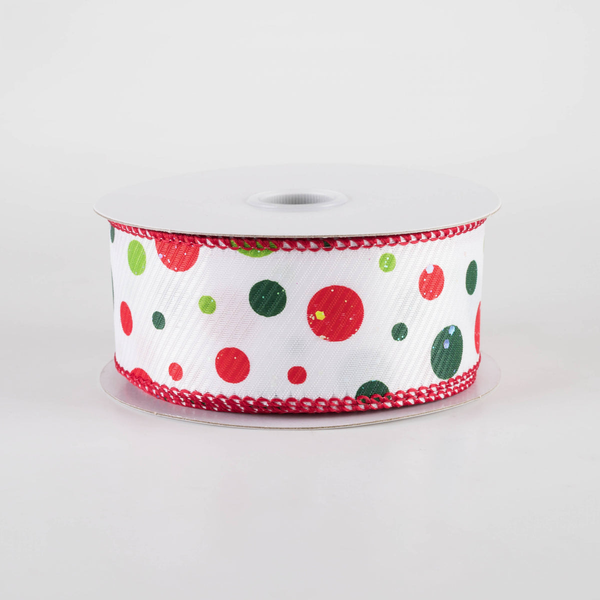 1.5" Thick Textured Satin Iridescent Glitter Dots Ribbon: Red & Green on White (10 Yards) Item Number: 71428-09-09