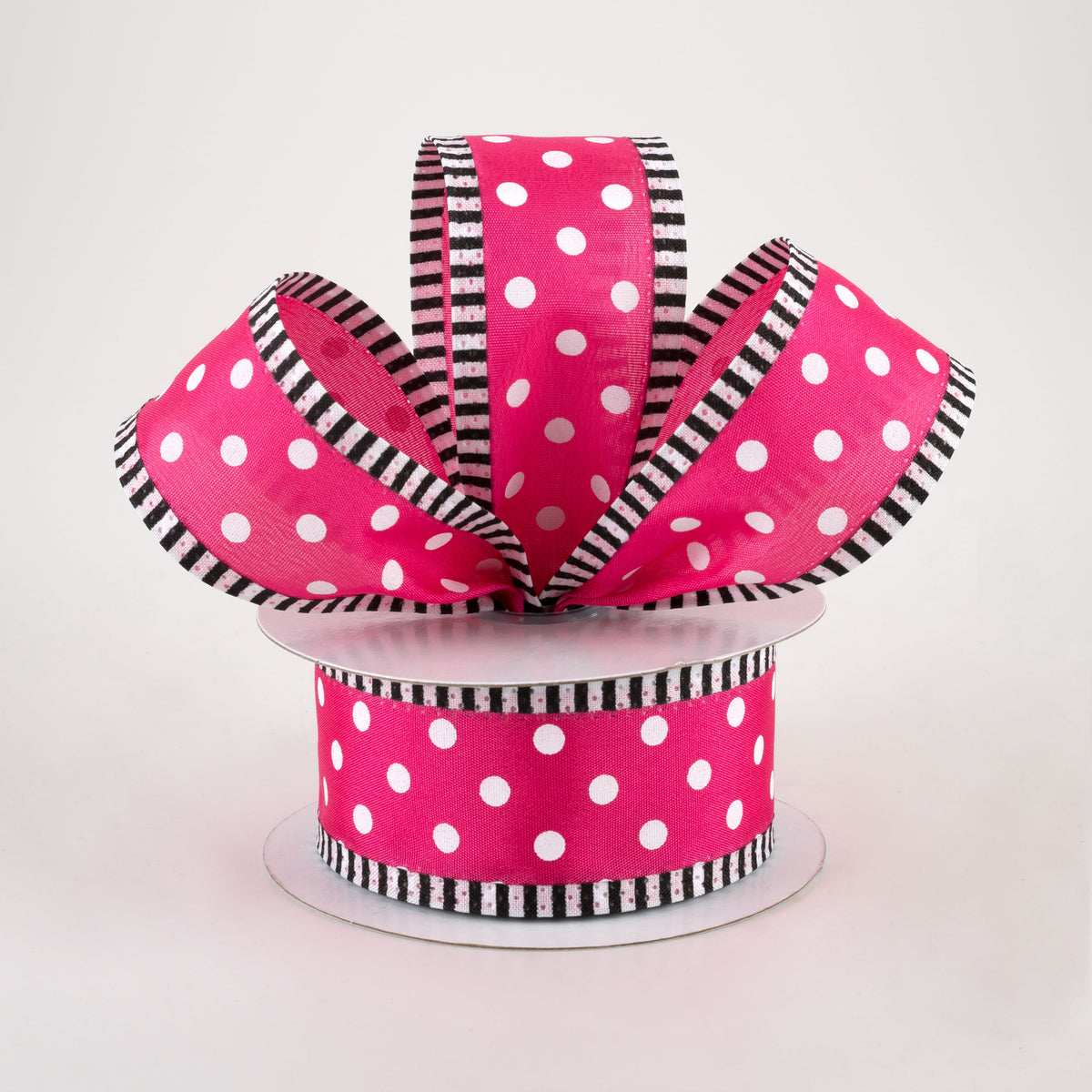 1.5" Thin Stripe Edge Polka Dot Ribbon: Hot Pink & White (10 Yards) Lifestyle Photo