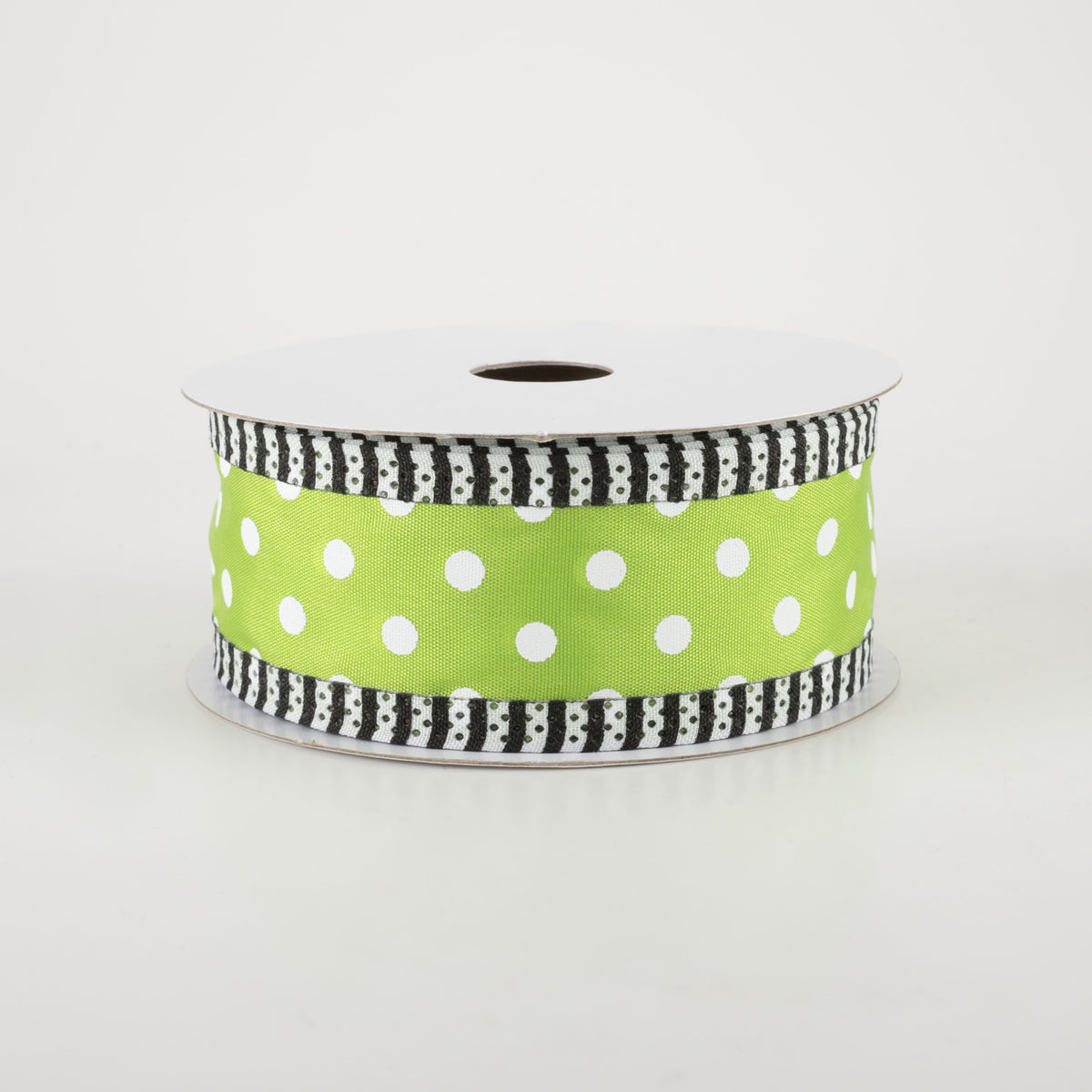 1.5" Thin Stripe Edge Polka Dot Ribbon: Lime Green & White (10 Yards)