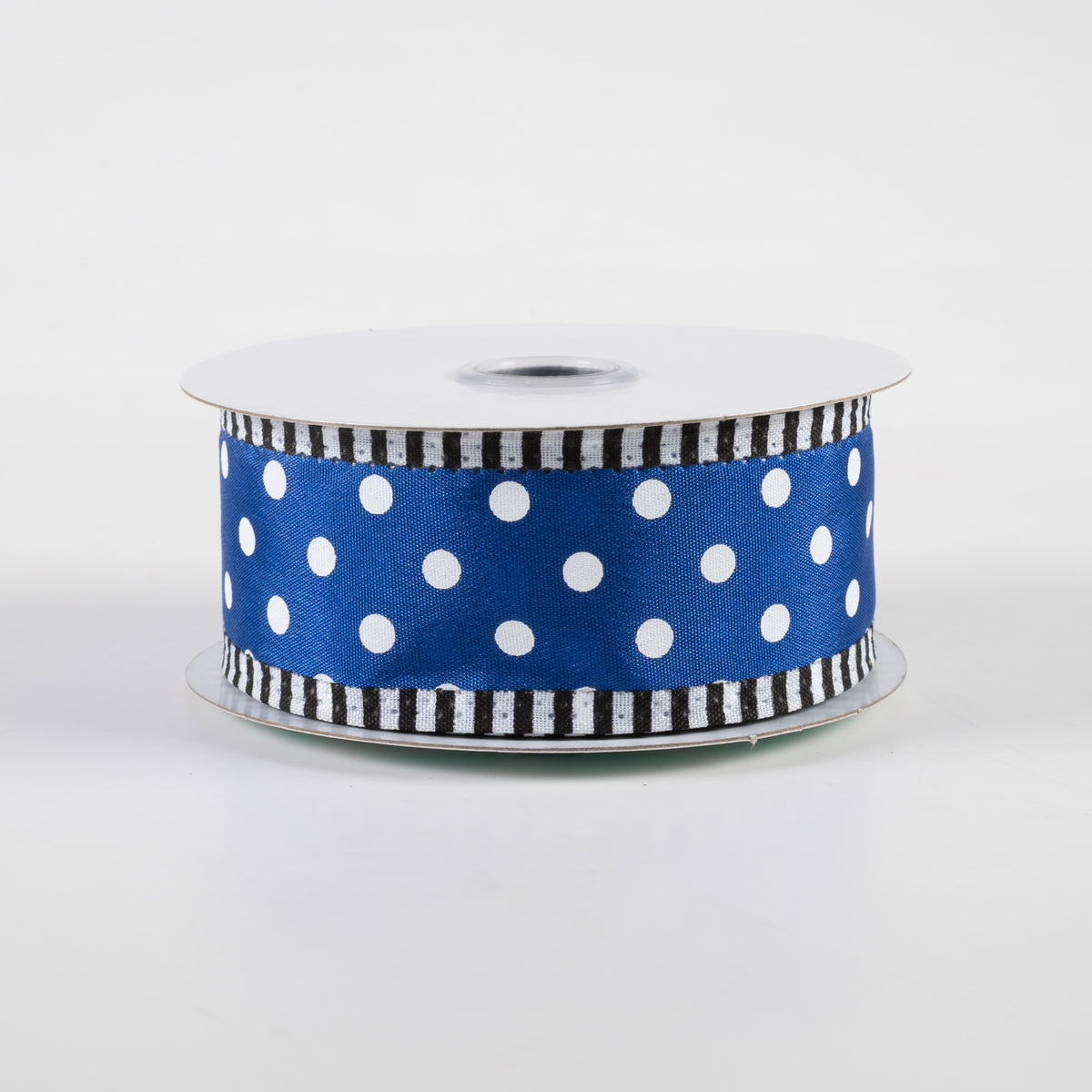 1.5" Thin Stripe Edge Polka Dot Ribbon: Royal Blue & White (10 Yards)